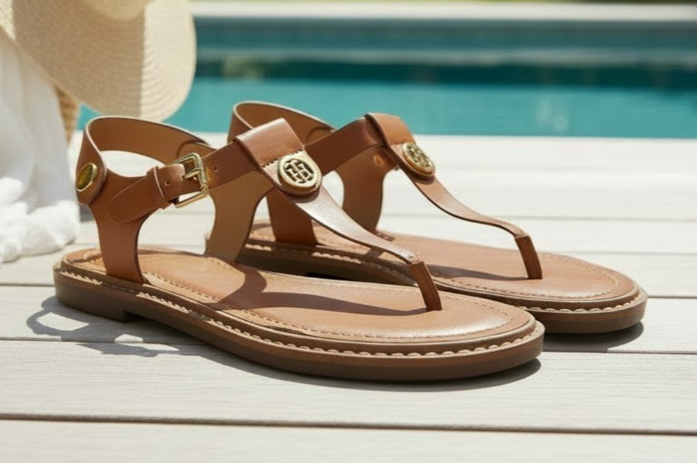Tommy Hilfiger Women's Sandals 7.5M Brown T-Strap TH Logo Faux Leather